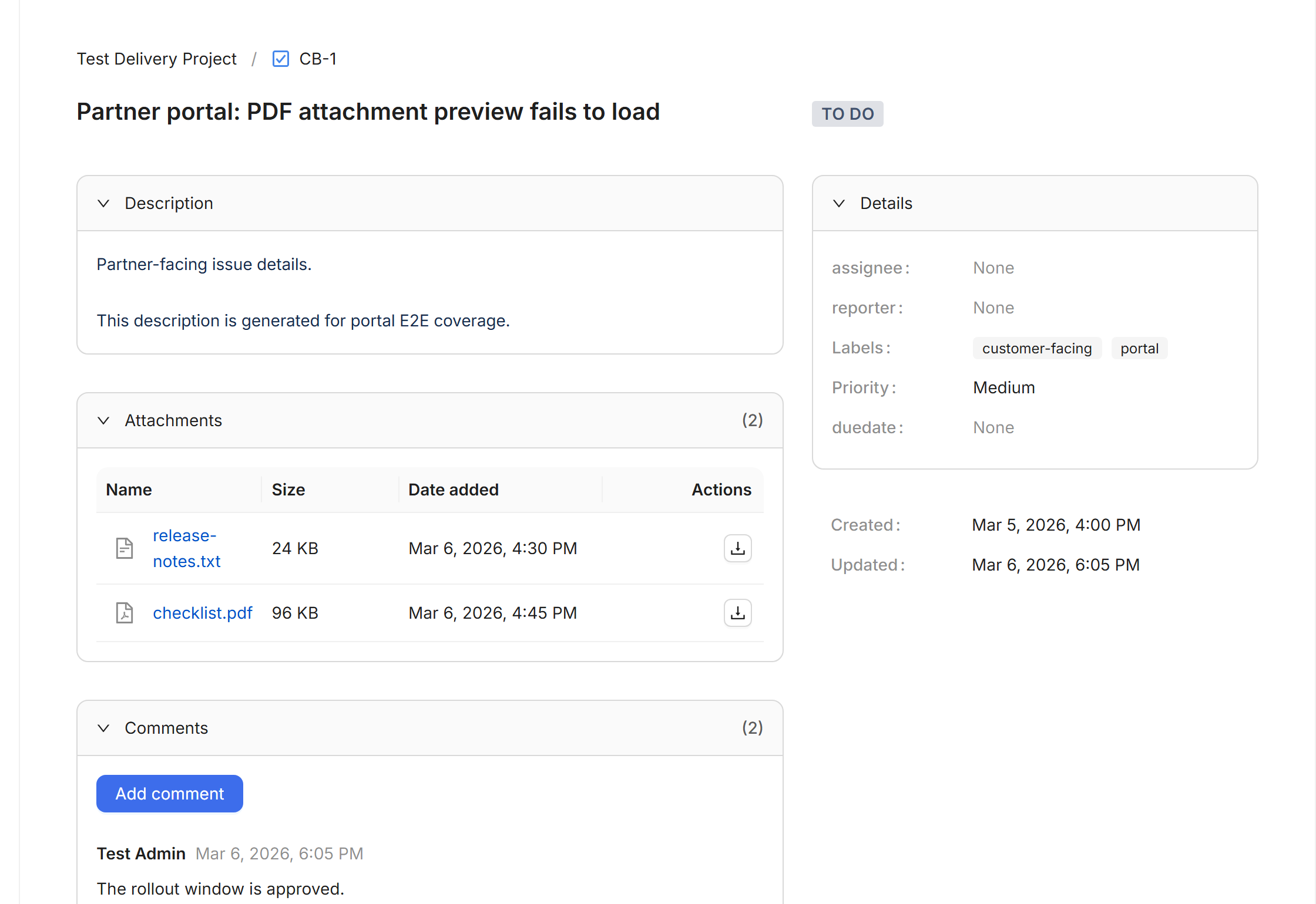 Collabound partner view — shared work item with description, attachments, and comments