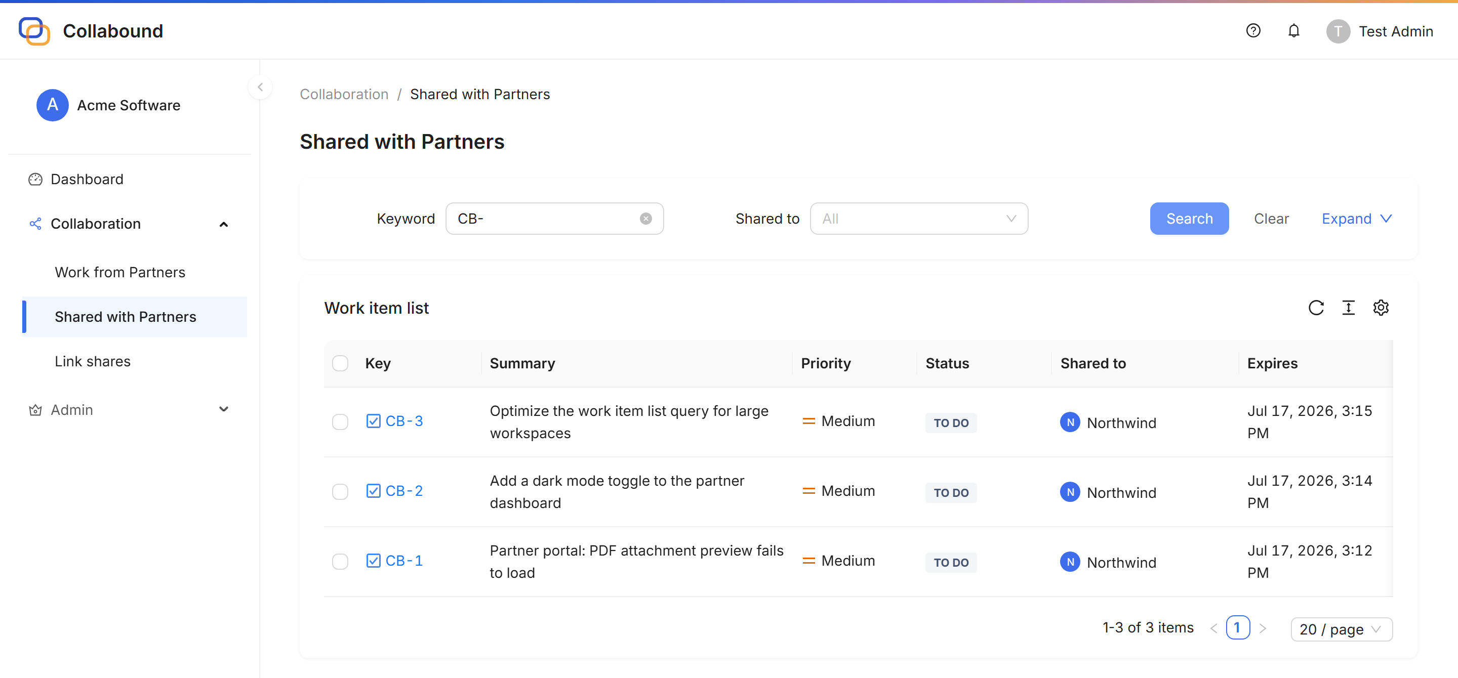 Collabound Portal — work items shared with partners
